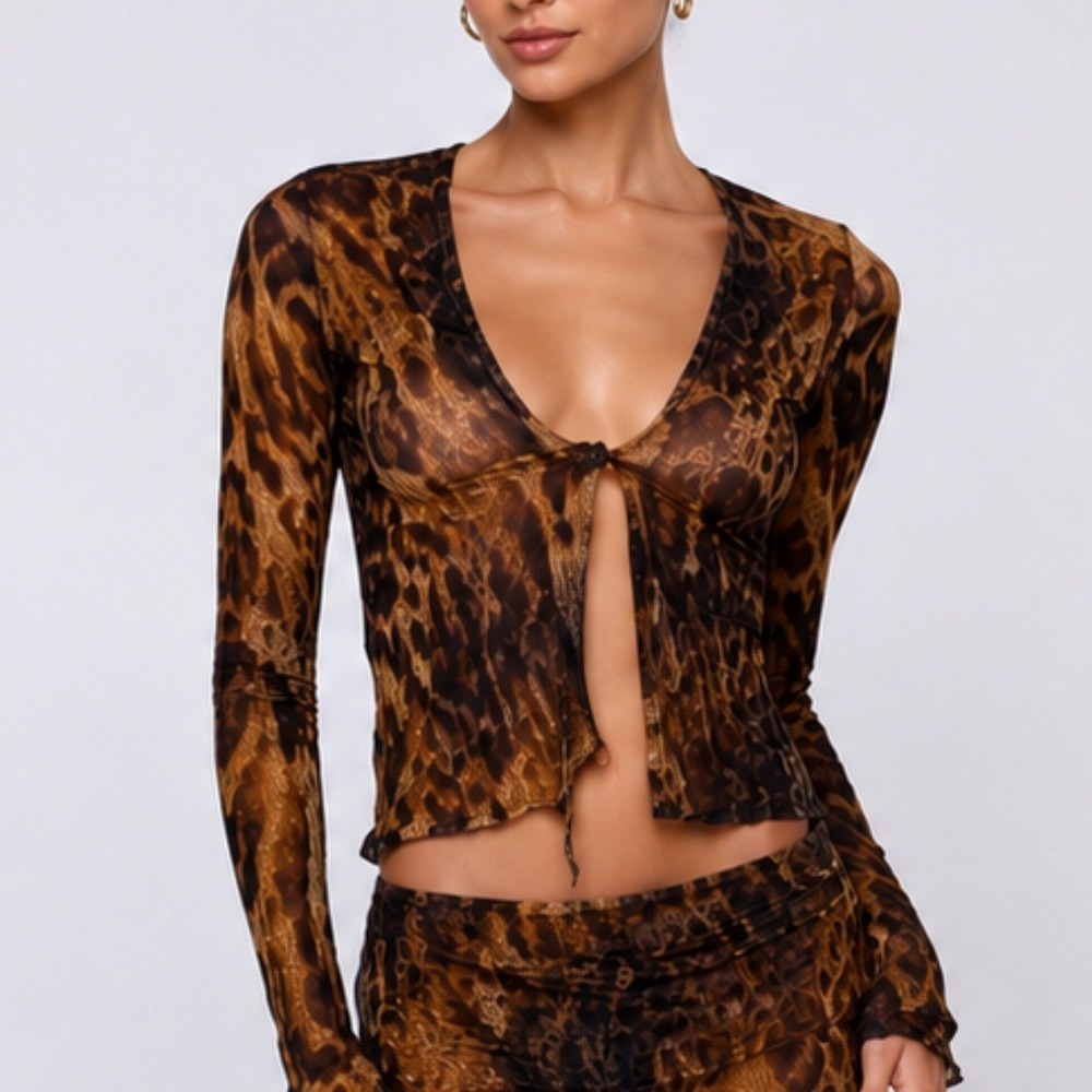 RESA | Aliyah Animal Print Tie Front Long Sleeve Mesh Top